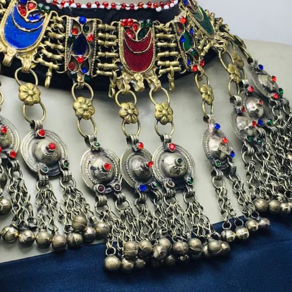 Vintage Choker Necklace, Handcrafted Tribal Collar Choker Necklace With Dangling - Picture 5 of 16